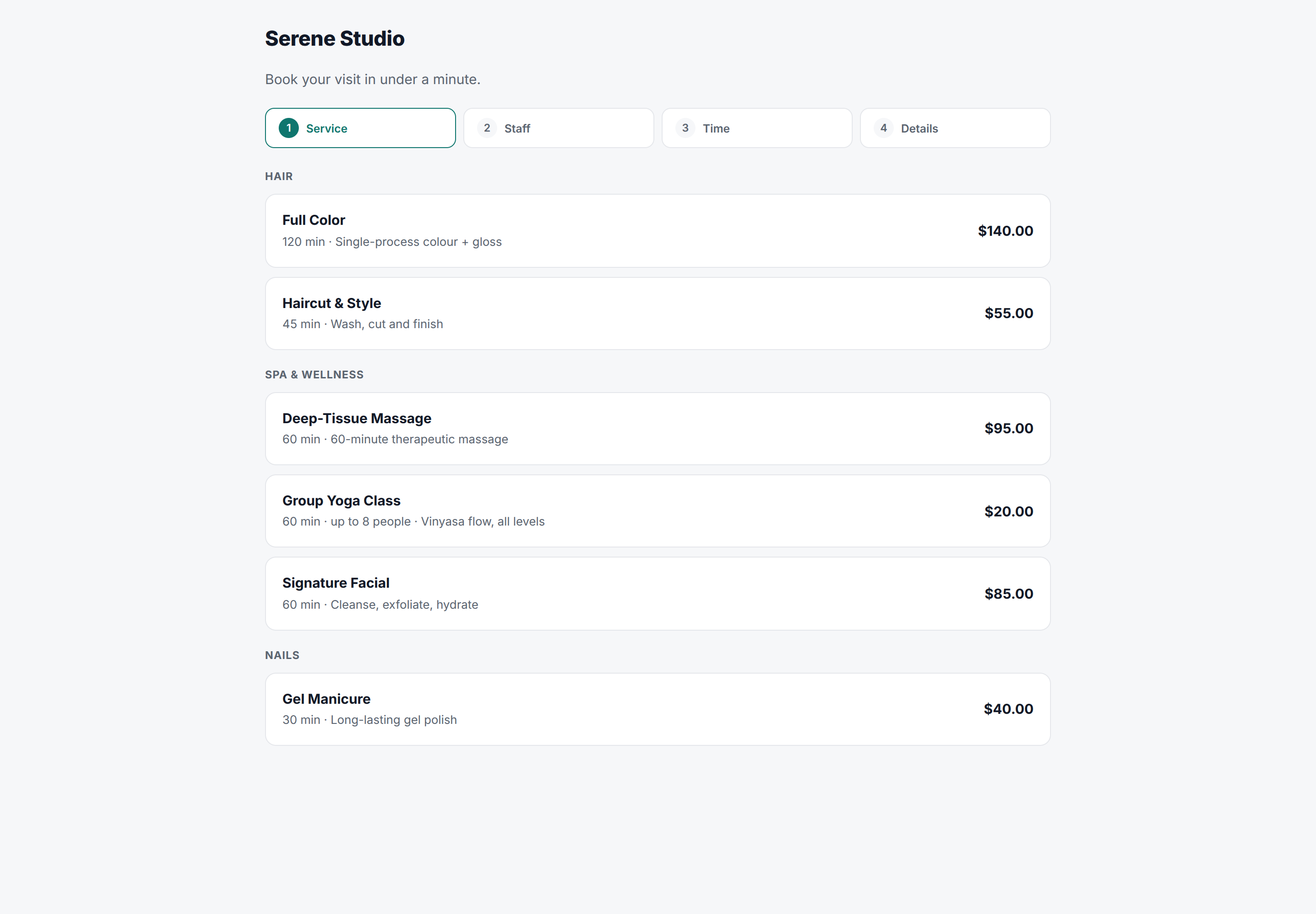 Slotly booking page — categorized services with a four-step booking wizard