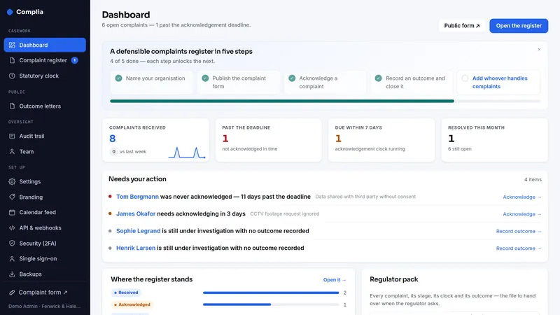 Complia dashboard, as it looks in the live demo