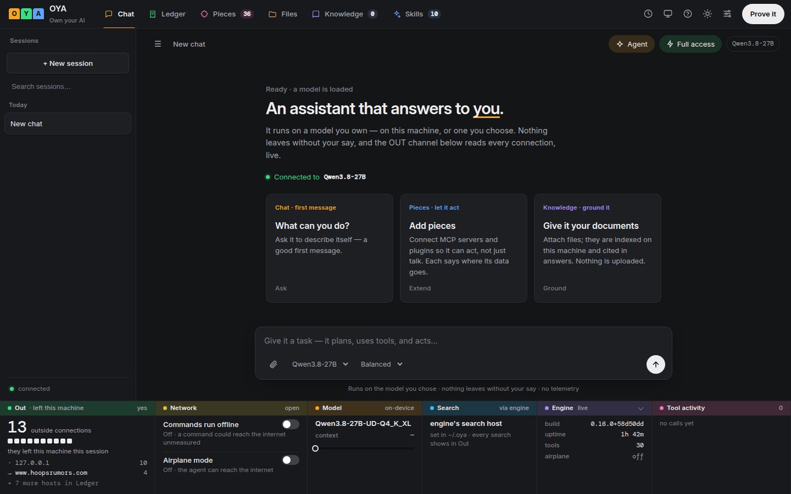 Own Your AI — the web app: sessions, the run trace, and the OUT channel counting every outside connection