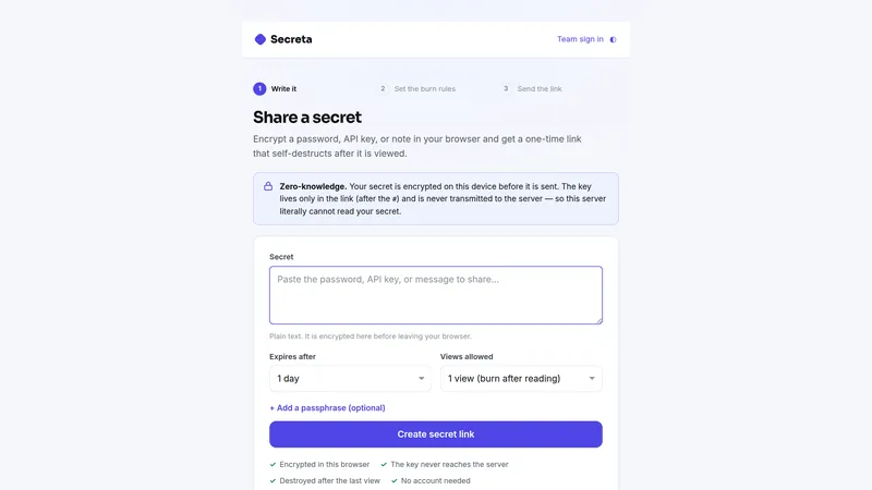 Secreta dashboard, as it looks in the live demo