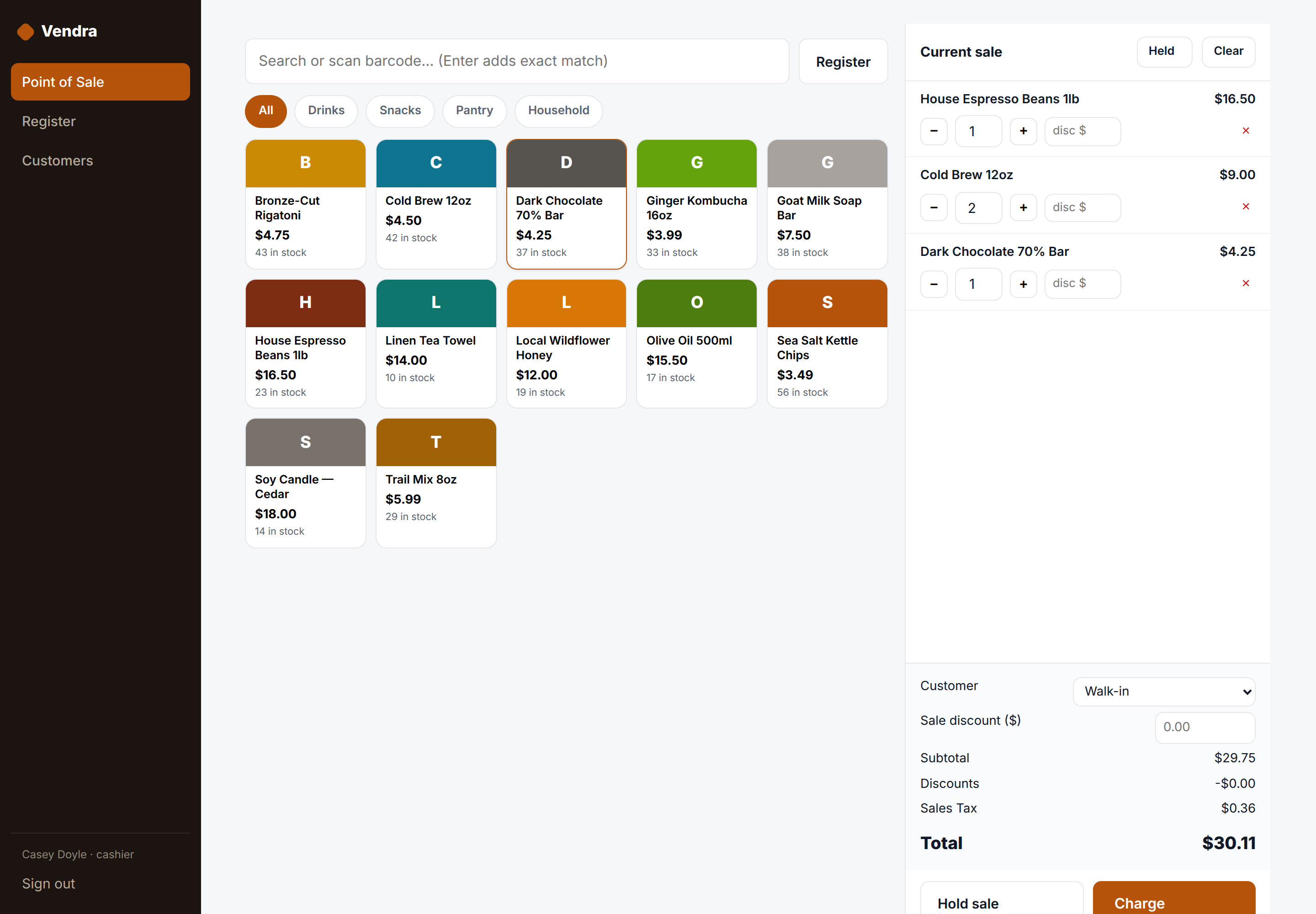 Vendra point of sale — product tiles, live cart with tax and totals