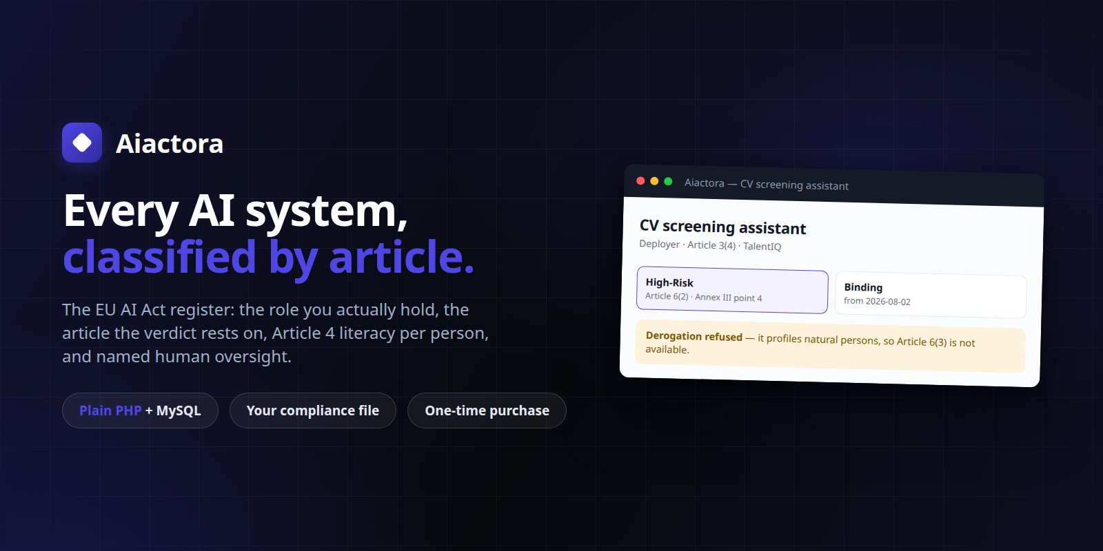 Aiactora — Self-Hosted EU AI Act Register: Classification, Literacy, Oversight preview banner