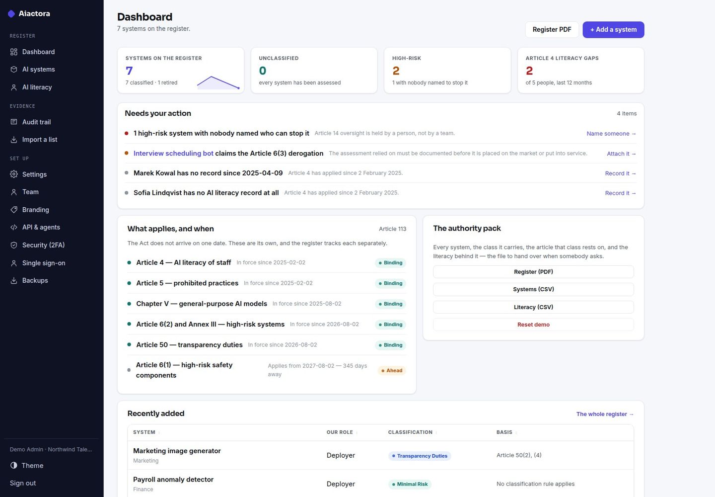 Aiactora — Self-Hosted EU AI Act Register: Classification, Literacy, Oversight screenshot 2