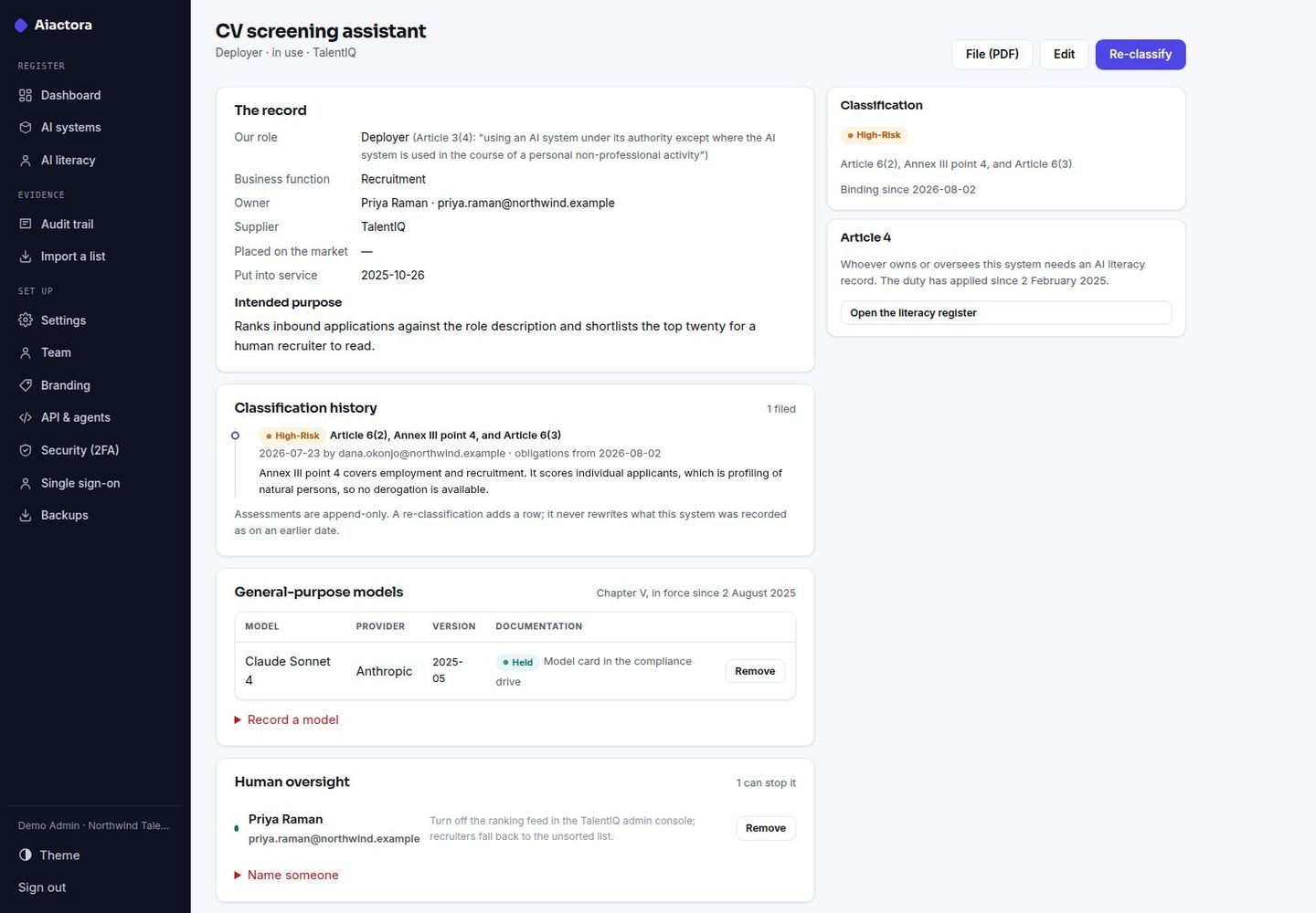 Aiactora — Self-Hosted EU AI Act Register: Classification, Literacy, Oversight screenshot 4