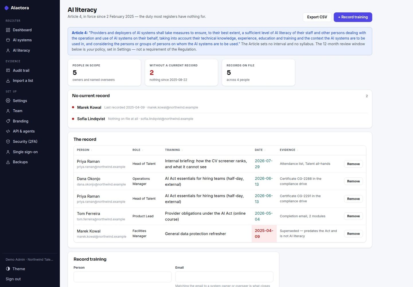 Aiactora — Self-Hosted EU AI Act Register: Classification, Literacy, Oversight screenshot 5