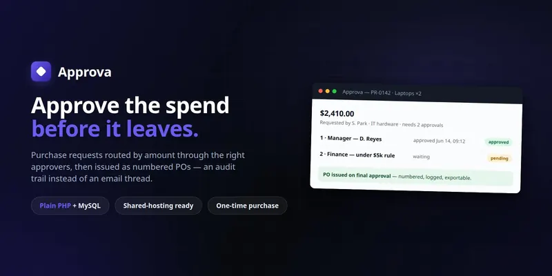 Approva — Purchase Requests with Amount-Based Sign-off and Numbered POs (PHP + MySQL, Self-Hosted) preview