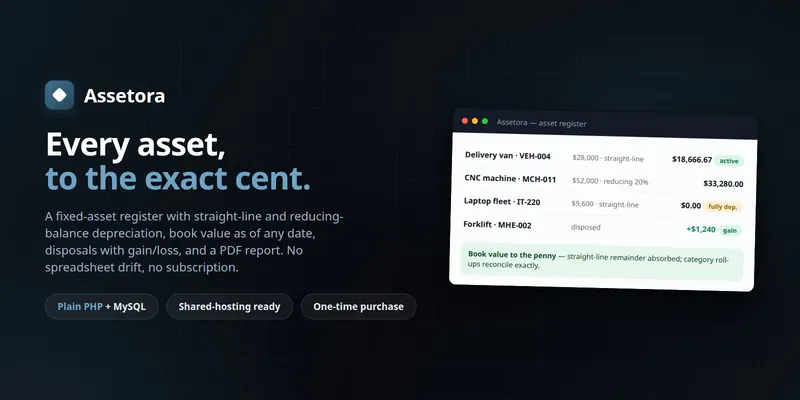 Assetora — Fixed-Asset & Depreciation Register (PHP + MySQL, Self-Hosted) preview