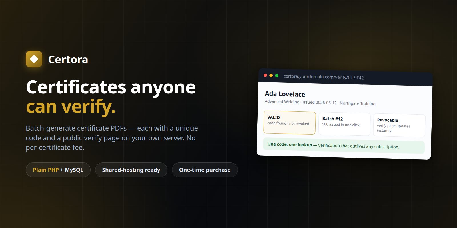 Certora — Bulk Certificate Generator + Verifier (PHP + MySQL, Self-Hosted) preview banner