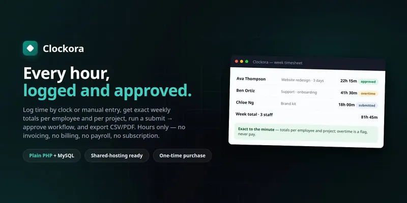 Clockora — Staff Timesheet & Time Tracker (PHP + MySQL, Self-Hosted) preview