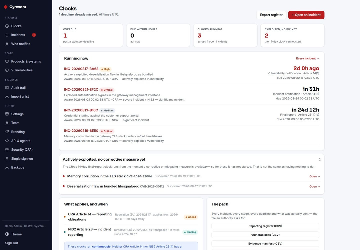 Cyresora — Self-Hosted NIS2 & CRA Register: Reporting Clocks, Vulnerabilities, Rota screenshot 2