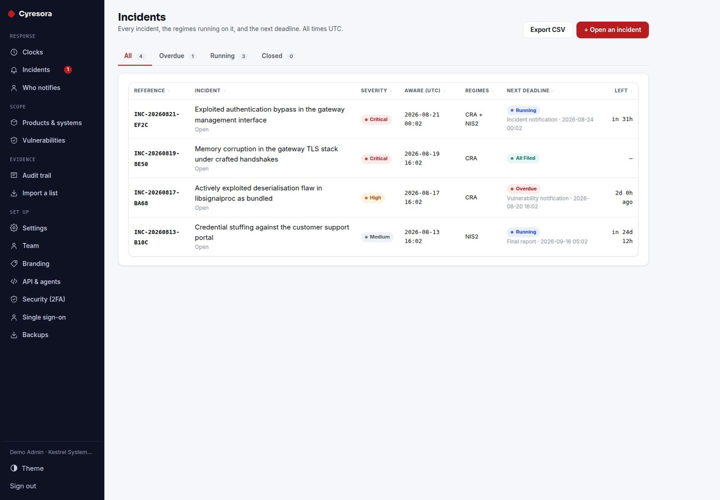 Cyresora — Self-Hosted NIS2 & CRA Register: Reporting Clocks, Vulnerabilities, Rota screenshot 3