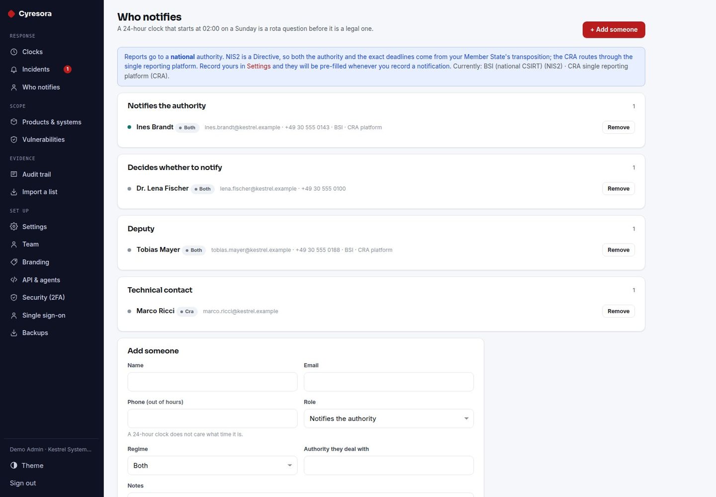 Cyresora — Self-Hosted NIS2 & CRA Register: Reporting Clocks, Vulnerabilities, Rota screenshot 4