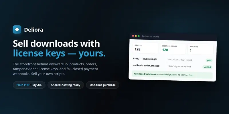 Deliora — Licence-Key Delivery for Digital Downloads (PHP + MySQL, Self-Hosted) preview