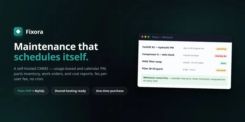 Fixora — Usage-Based Preventive Maintenance Schedule (PHP + MySQL, Self-Hosted) preview