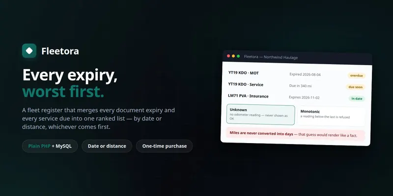 Fleetora — Vehicle Expiry & Service-Due Reminders (PHP + MySQL, Self-Hosted) preview