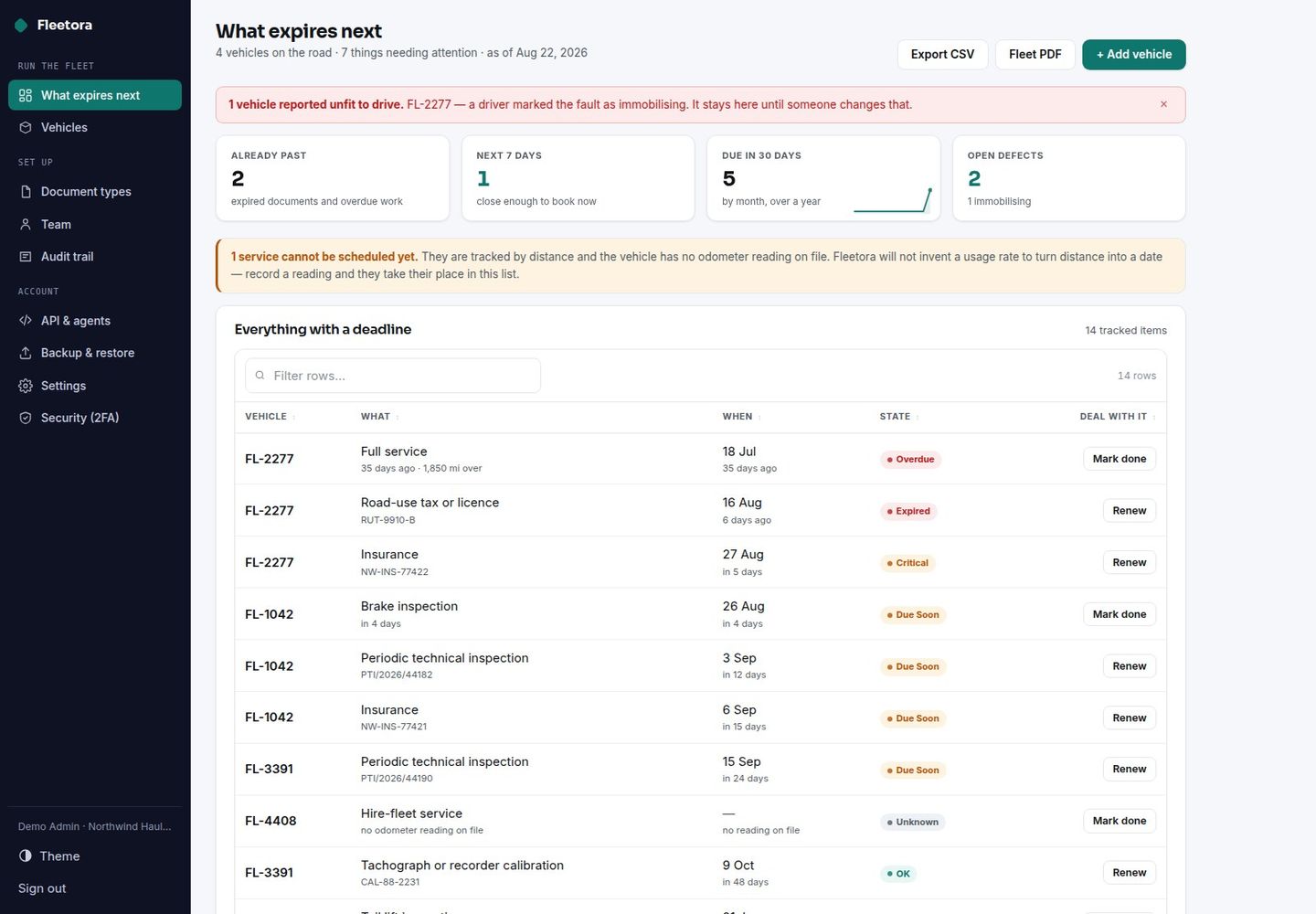 Fleetora — Self-Hosted Vehicle & Fleet Register: Expiries, Servicing, Defects screenshot 2