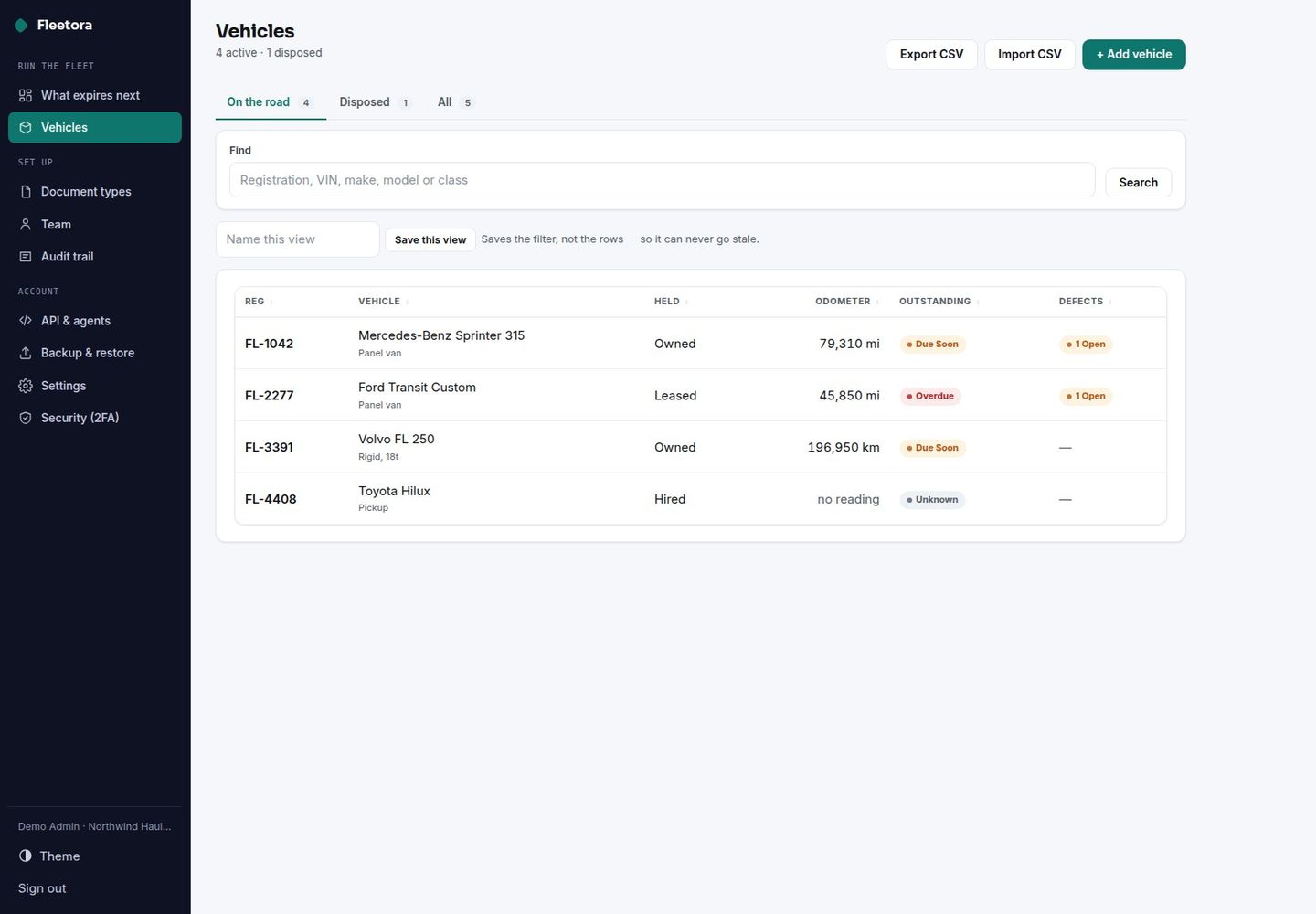 Fleetora — Self-Hosted Vehicle & Fleet Register: Expiries, Servicing, Defects screenshot 3