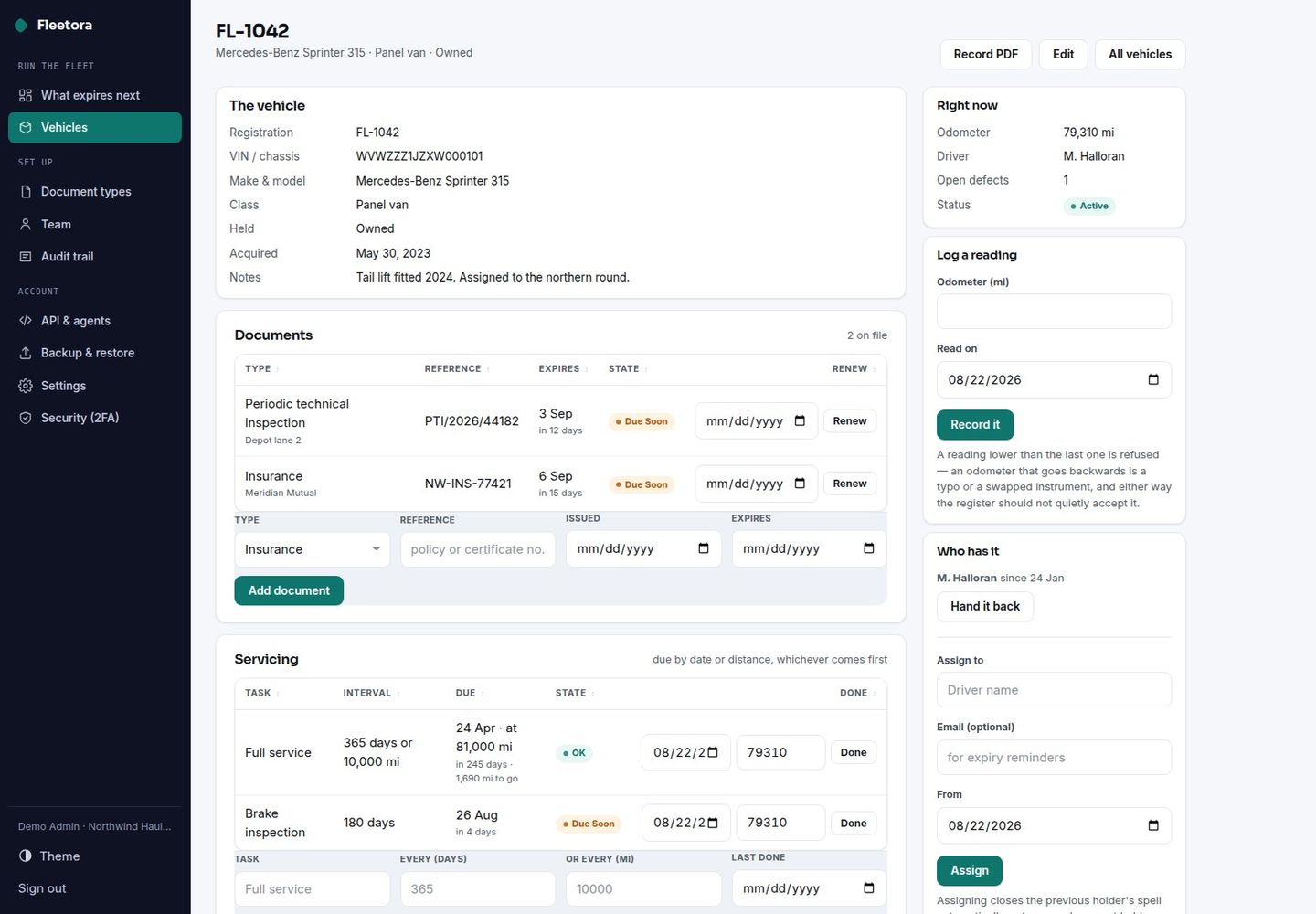 Fleetora — Self-Hosted Vehicle & Fleet Register: Expiries, Servicing, Defects screenshot 4