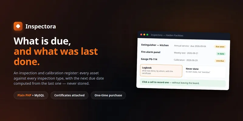 Inspectora — Self-Hosted Inspection & Calibration Register: Due Board, Logbooks preview
