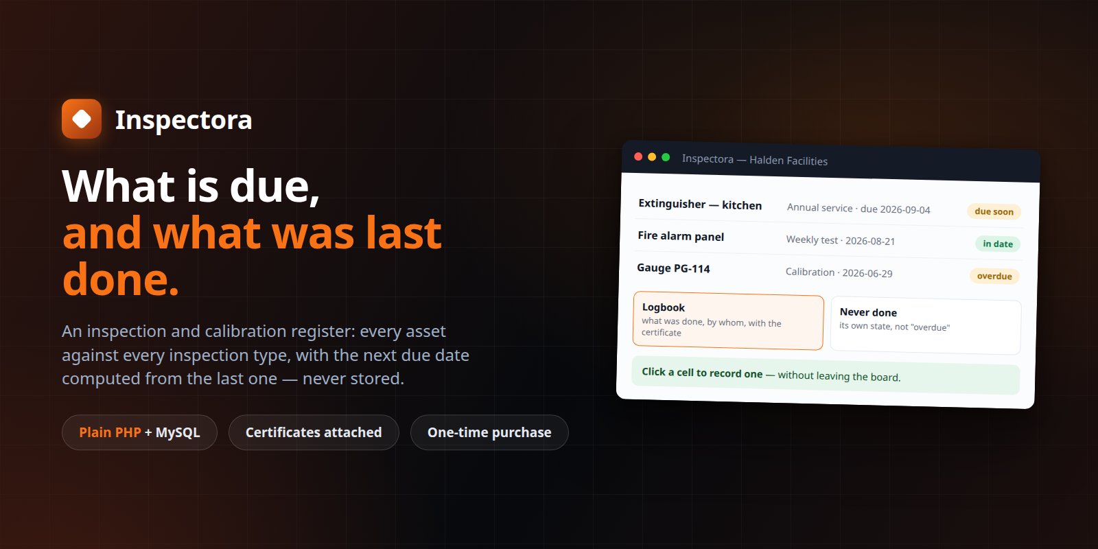 Inspectora — Self-Hosted Inspection & Calibration Register: Due Board, Logbooks preview banner