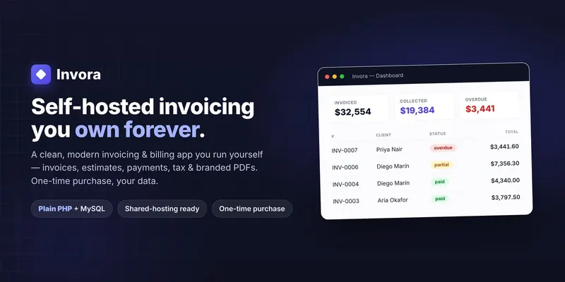 Invora — Recurring invoices, payment links that mark themselves paid, and reminders that chase late payers (PHP + MySQL, Self-Hosted) preview