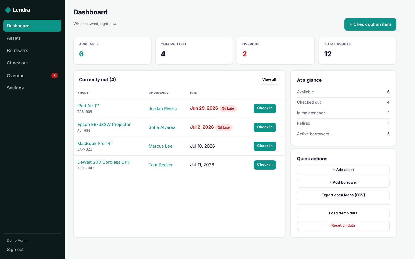 Lendra — Log who has which laptop, tool, or camera checked out, and get automatic overdue flags on a live dashboard.