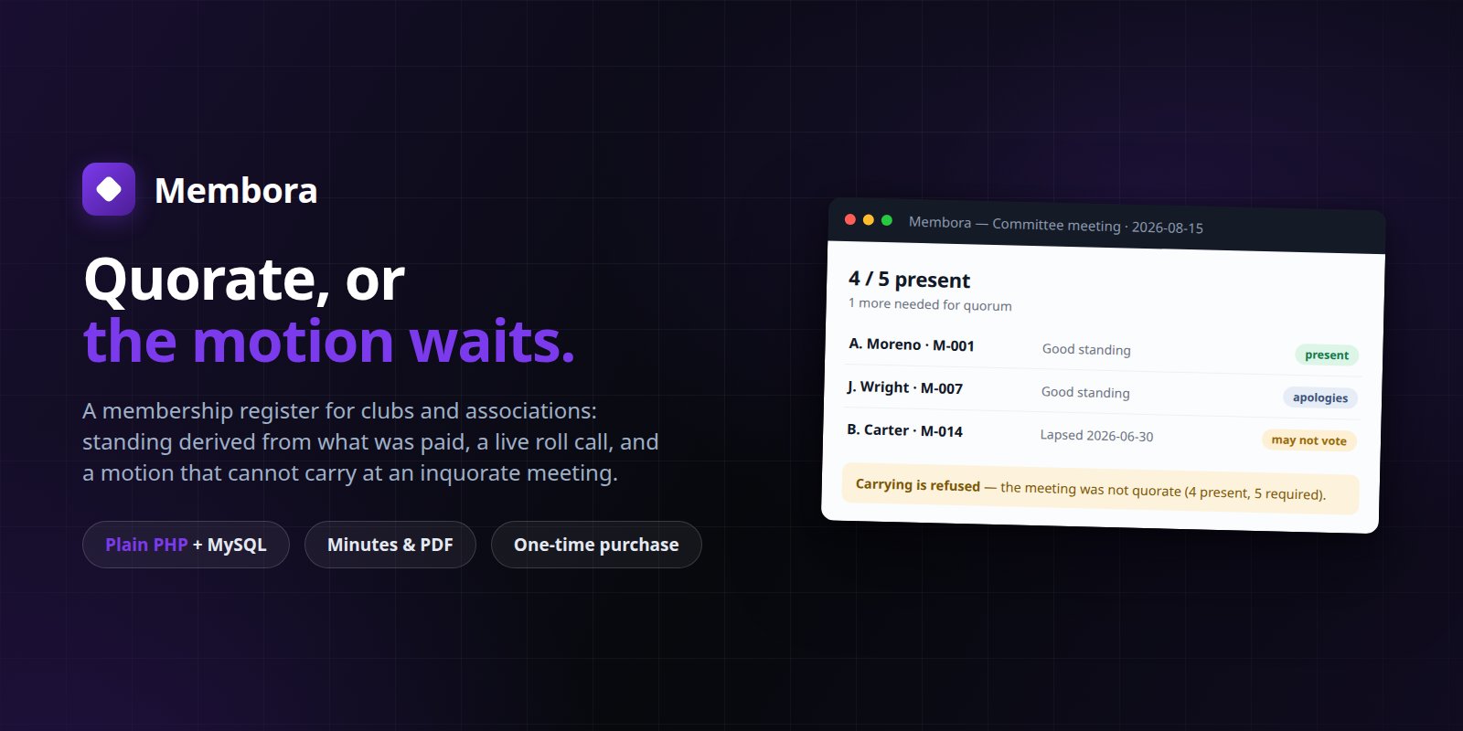 Membora — Self-Hosted Membership Register: Standing, Quorum, Motions preview banner