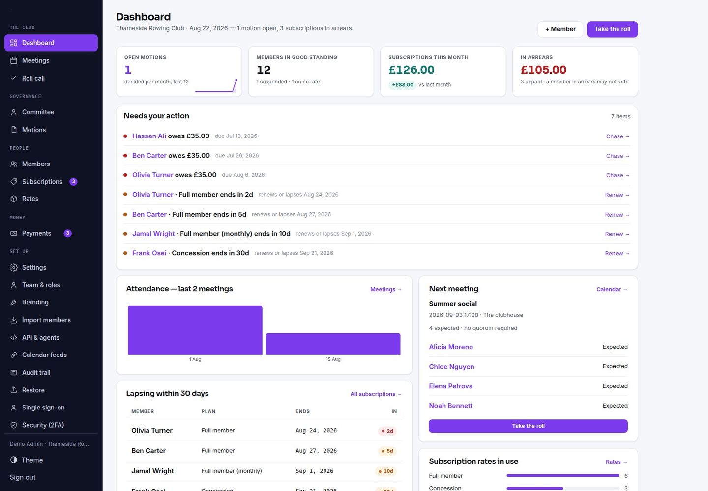 Membora — Self-Hosted Membership Register: Standing, Quorum, Motions screenshot 2