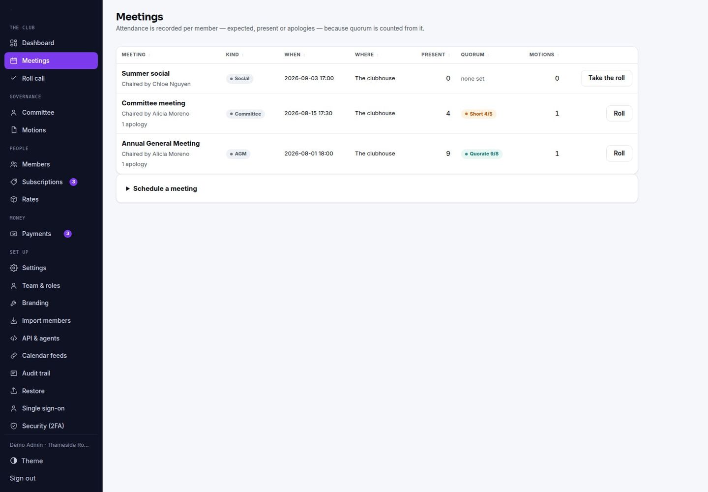 Membora — Self-Hosted Membership Register: Standing, Quorum, Motions screenshot 3