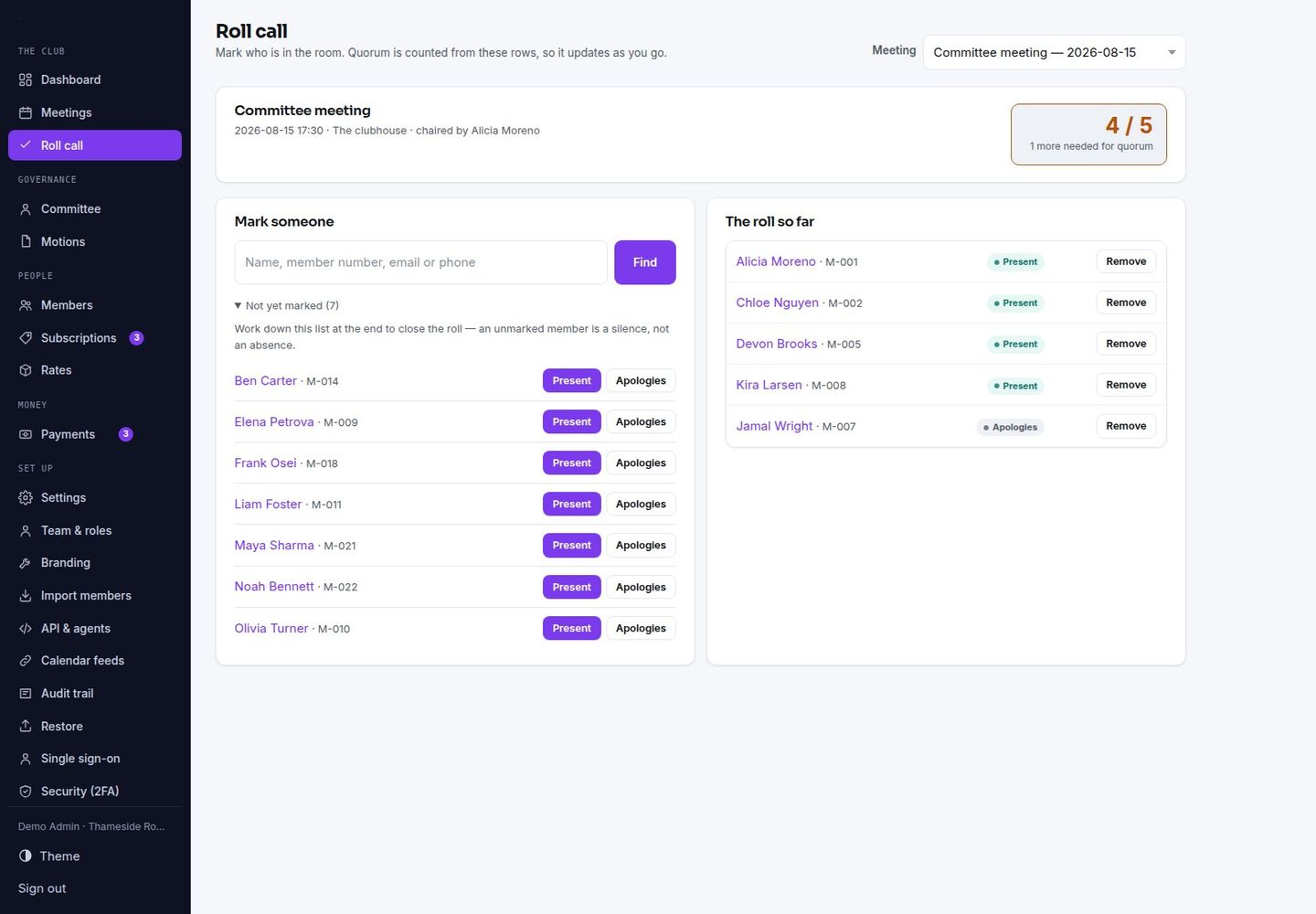 Membora — Self-Hosted Membership Register: Standing, Quorum, Motions screenshot 4