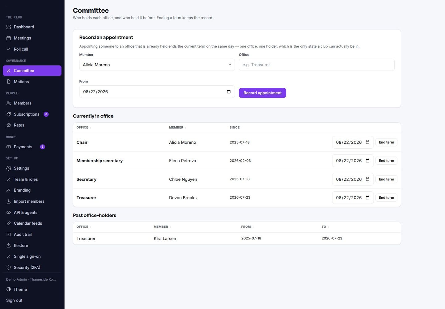 Membora — Self-Hosted Membership Register: Standing, Quorum, Motions screenshot 5