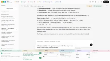 Own Your AI reading a sales CSV and answering with per-product margins, with the live sovereignty strip along the bottom