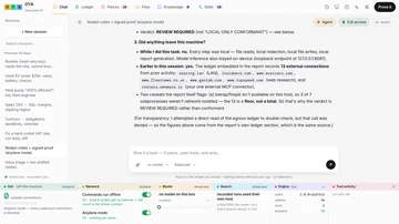 Own Your AI auditing its own session and returning the verdict REVIEW REQUIRED, naming all thirteen outside connections