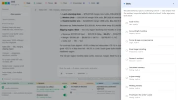 The Skills drawer listing ten built-in behavior packs over a live session