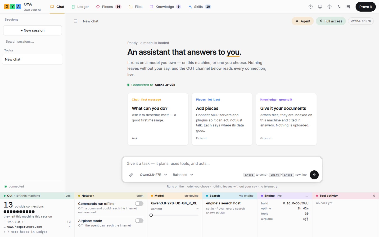 Own Your AI (OYA) — local-AI software you run on your own machine, with a model you choose