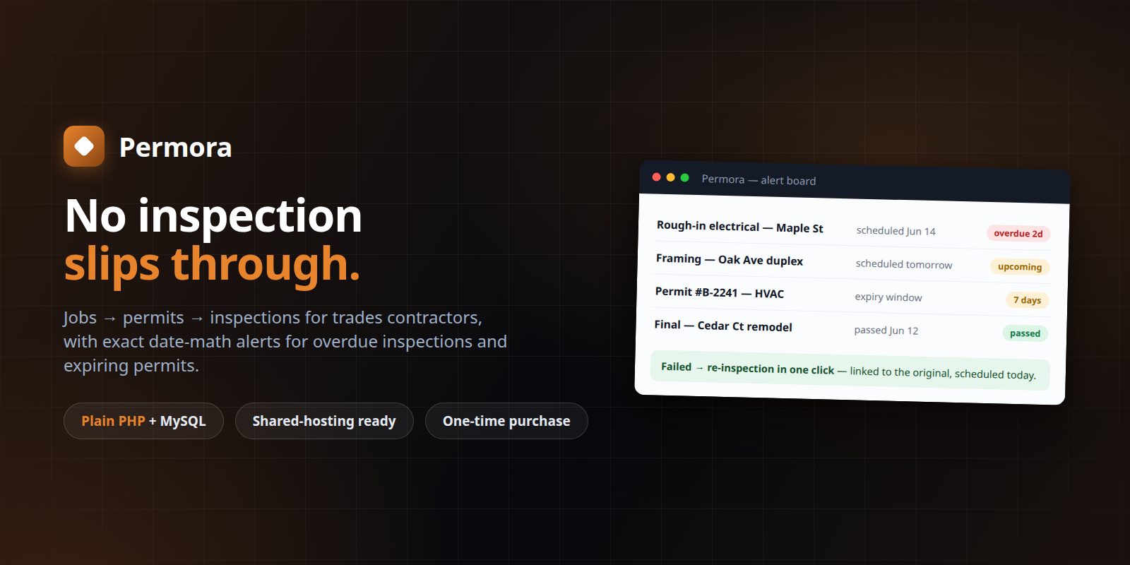 Permora — Permit & Inspection Tracker for Trades (PHP + MySQL, Self-Hosted) preview banner