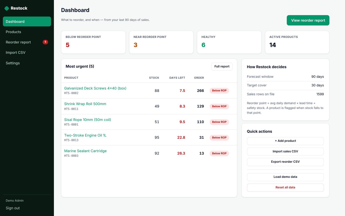Restock — Import your sales history and get reorder points, days-of-stock, and suggested order quantities per SKU.