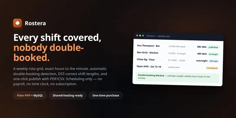 Rostera — Staff Shift Scheduler & Rota (PHP + MySQL, Self-Hosted) preview