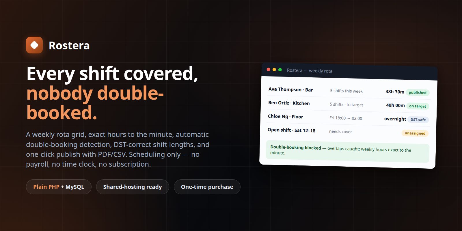 Rostera — Staff Shift Scheduler & Rota (PHP + MySQL, Self-Hosted) preview banner