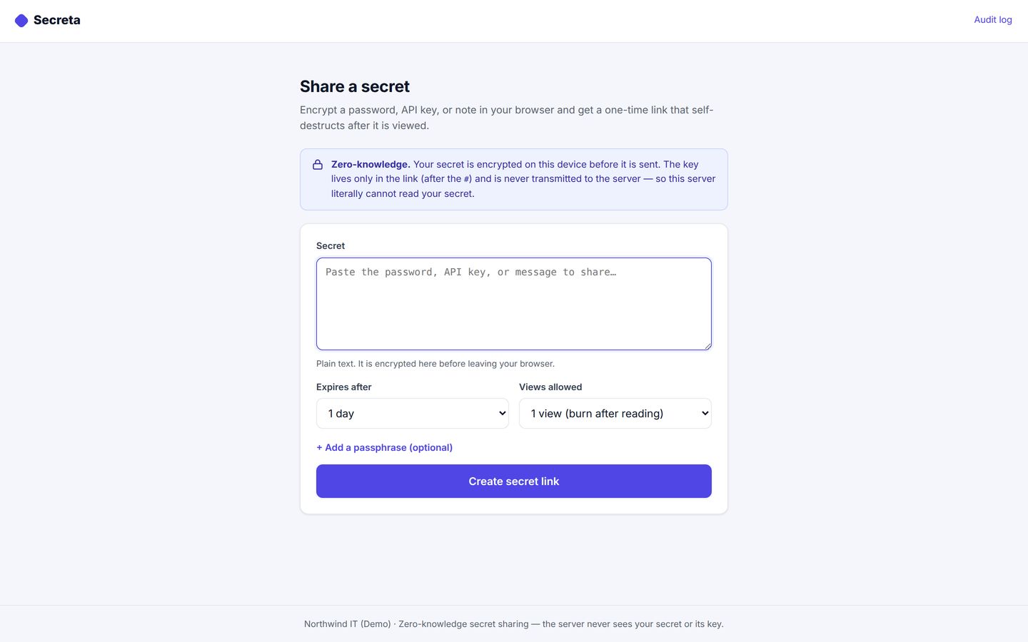 Secreta — Self-hosted, zero-knowledge one-time secret links — your server can't read what it stores.