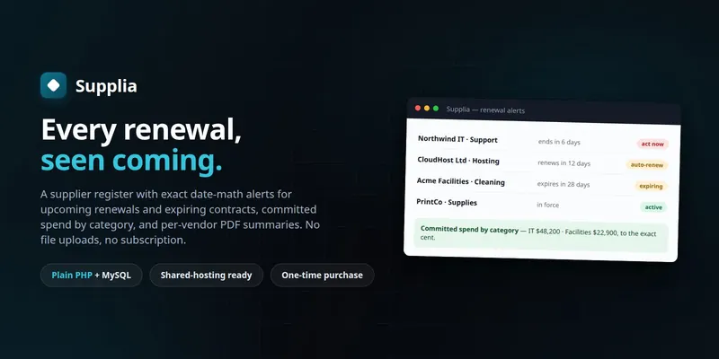 Supplia — Supplier Register & Contract-Renewal Tracker (PHP + MySQL, Self-Hosted) preview