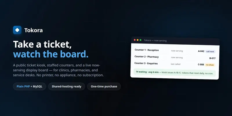Tokora — Queue & Token Display System (PHP + MySQL, Self-Hosted) preview