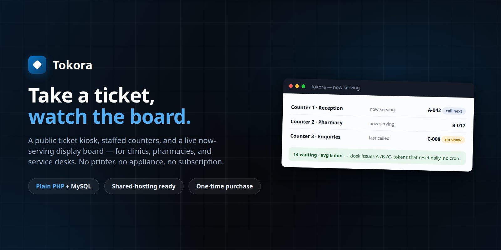 Tokora — Queue & Token Display System (PHP + MySQL, Self-Hosted) preview banner