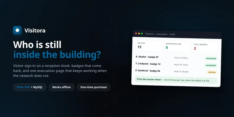 Visitora — Visitor Sign-In & Fire Roll Call (PHP + MySQL, Self-Hosted) preview