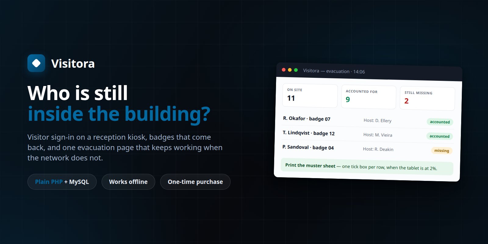 Visitora — Self-Hosted Visitor Sign-In & Evacuation List preview banner