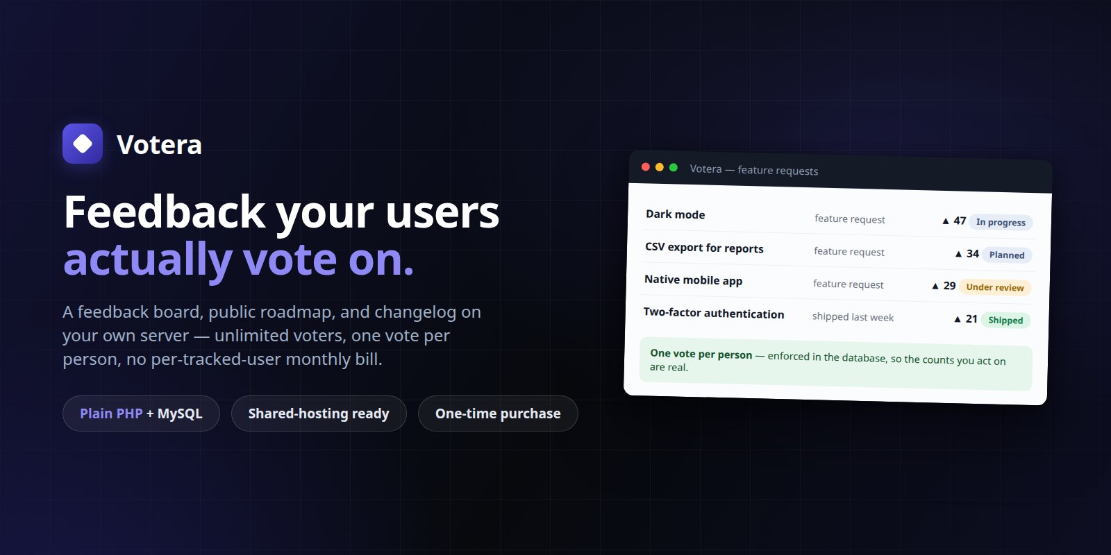 Votera — Self-Hosted Feedback Board, Roadmap & Changelog (PHP + MySQL) preview banner