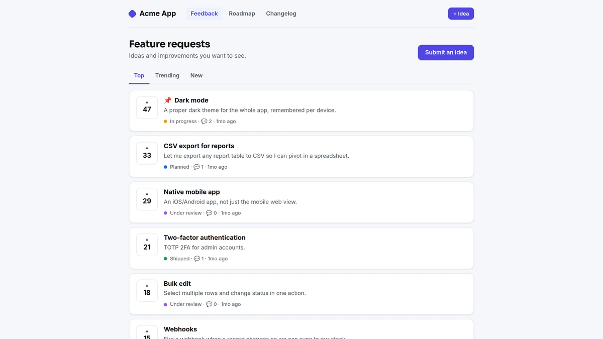 Votera — Self-Hosted Feedback Board, Roadmap & Changelog (PHP + MySQL) screenshot 1 of 5