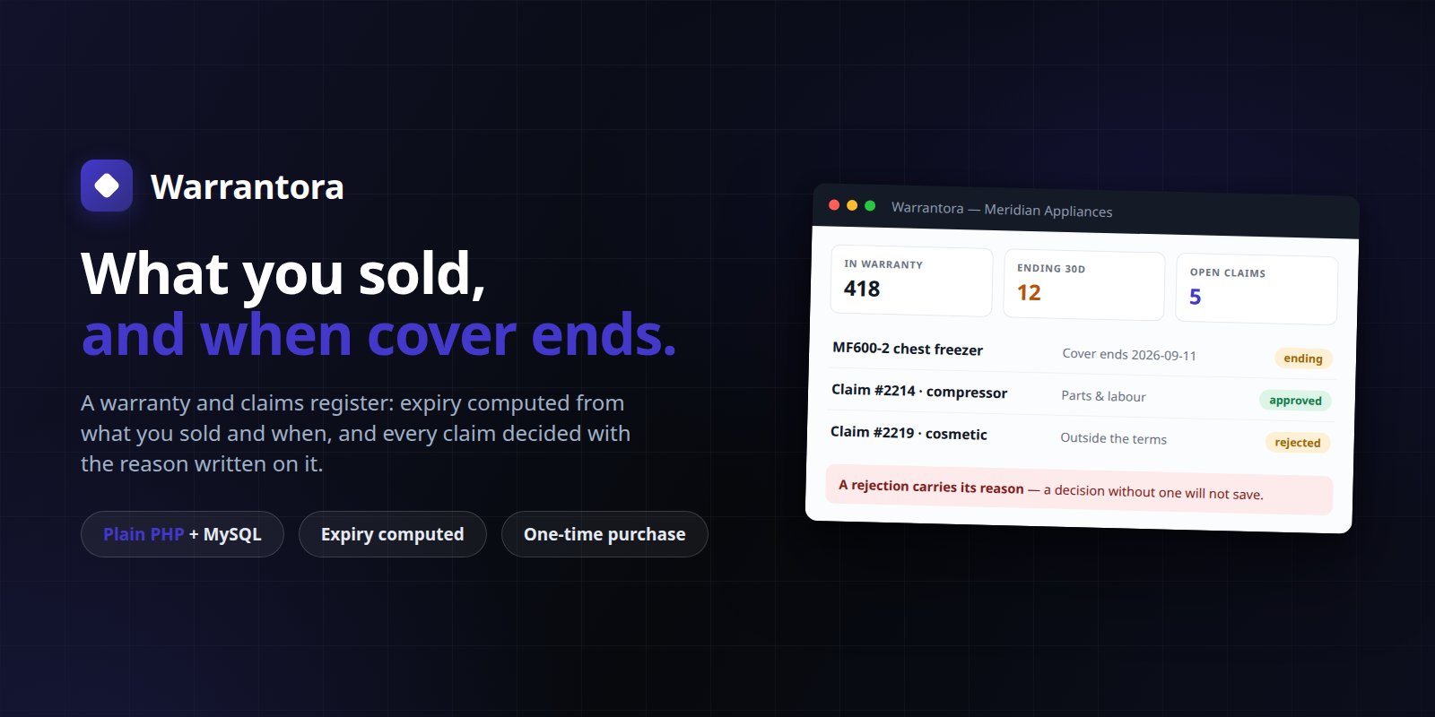 Warrantora — Self-Hosted Warranty & RMA Register: Expiry and Claims preview banner